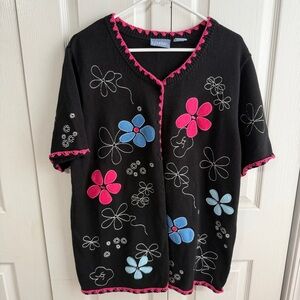 Liz & Me black floral embroidered knit short sleeve sweater size 1X